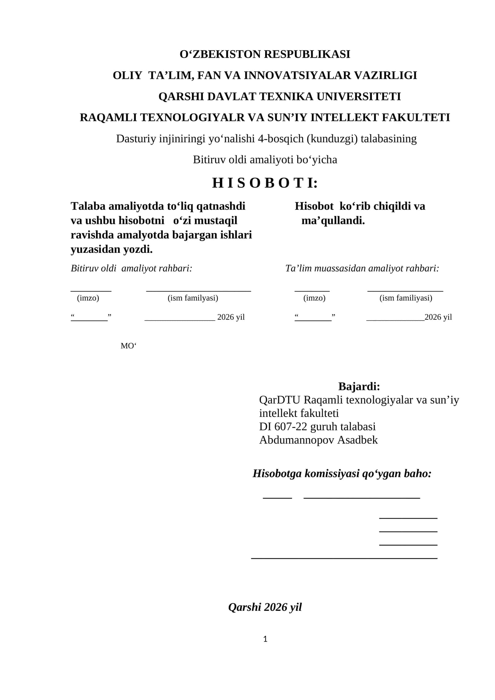 Bitiruv oldi amaliyoti bo‘yicha