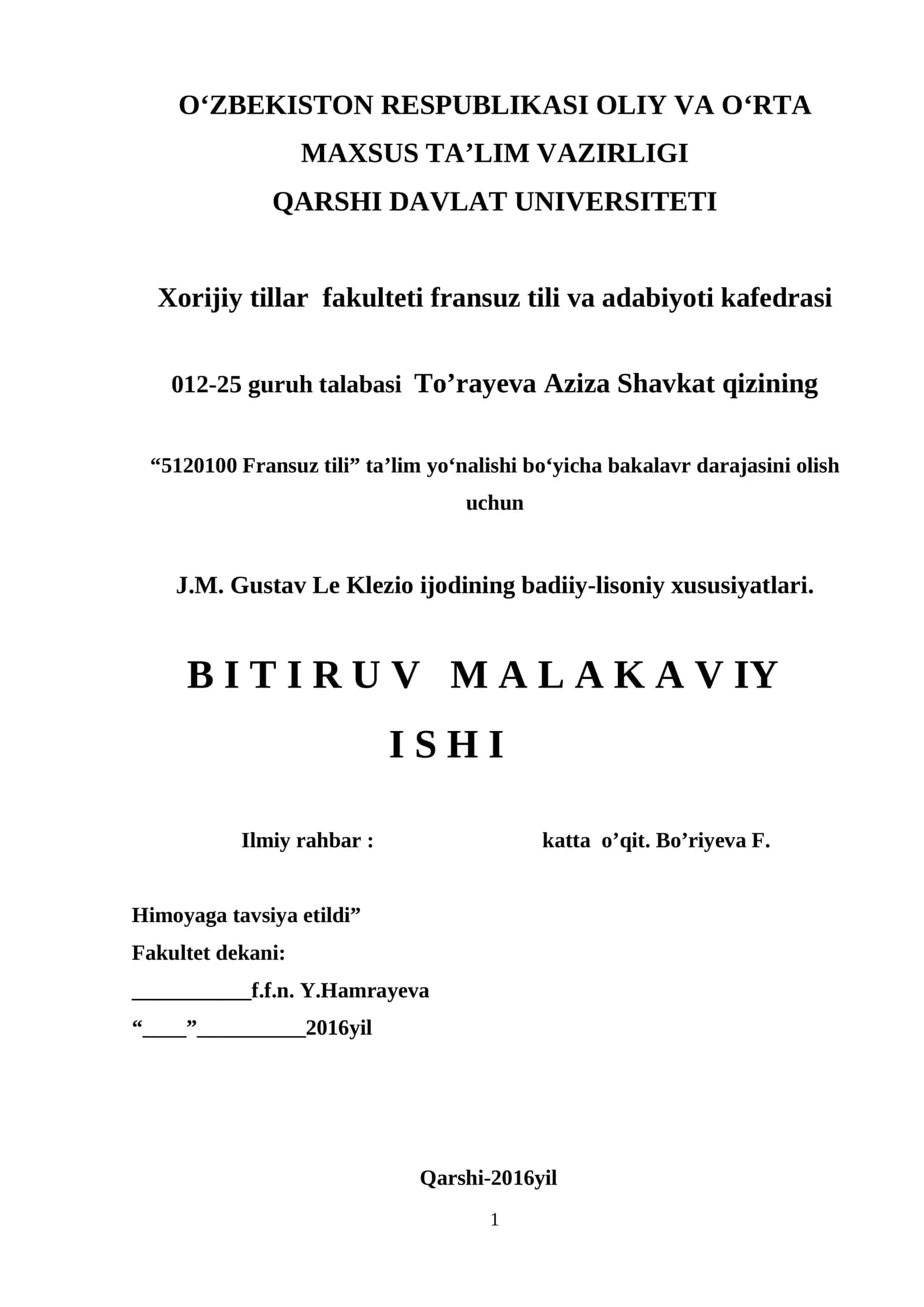 J.M. Gustav Le Klezio ijodining badiiy-lisoniy xususiyatlari
