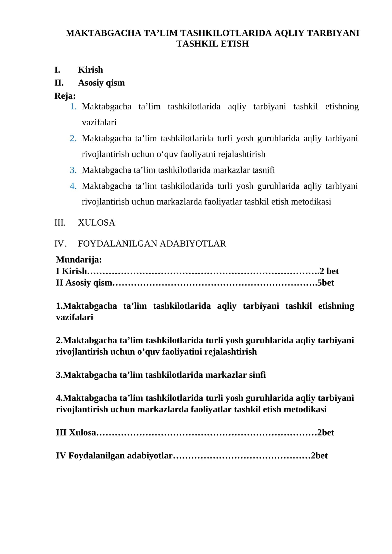 Maktabgacha ta’lim tashkilotlarida aqliy tarbiyani tashkil etish