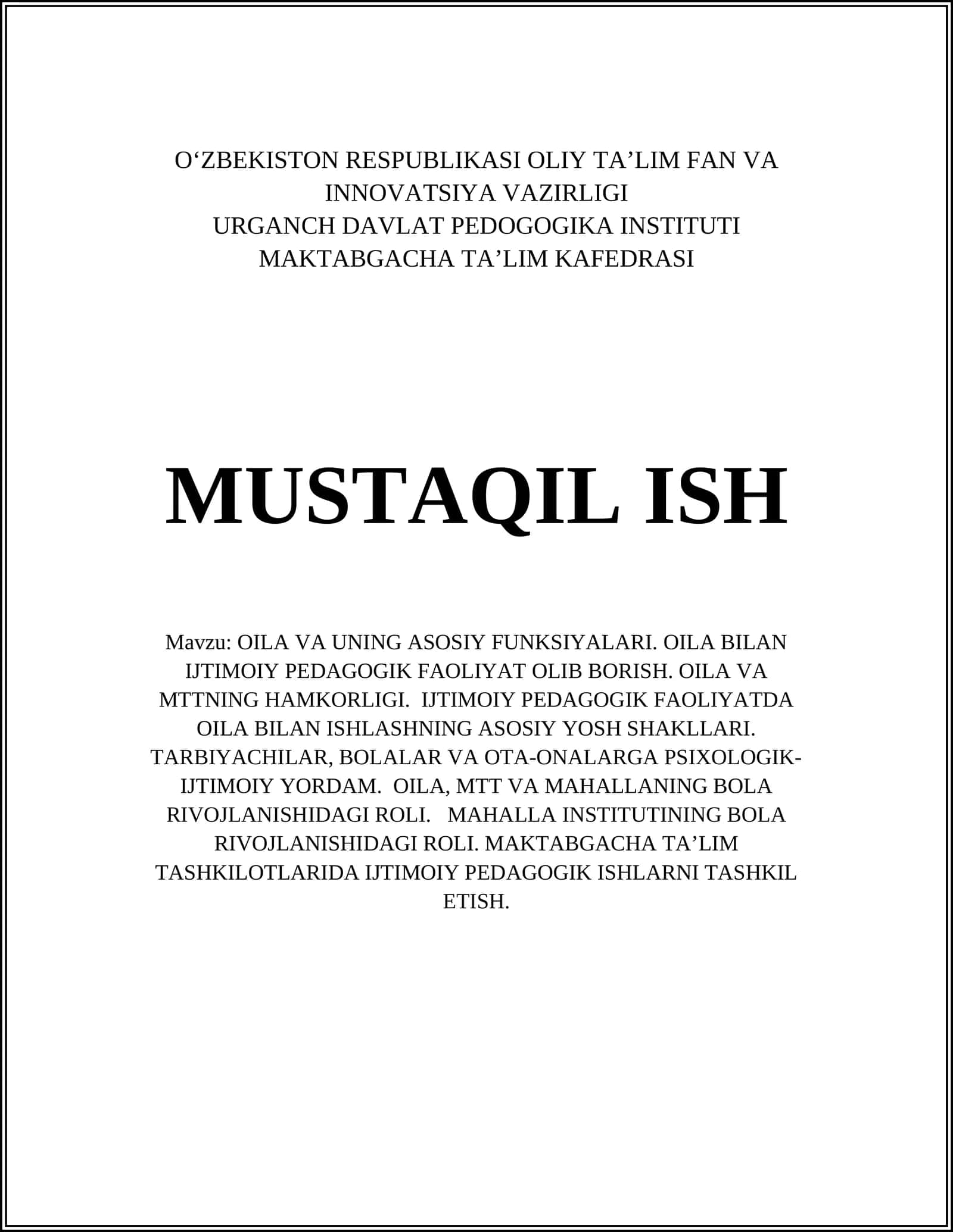 Oila tuzilishi va uning asosiy funksiyalari