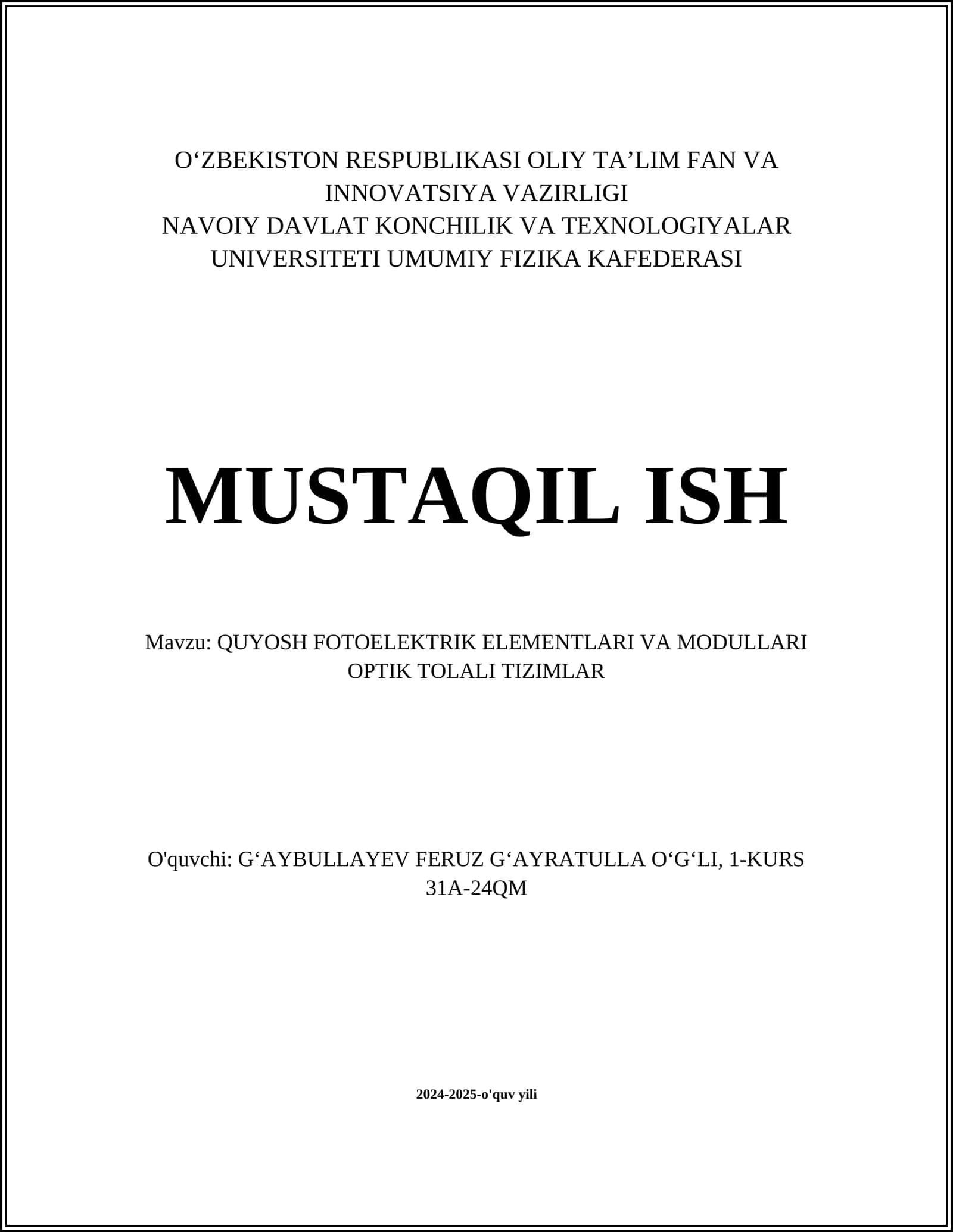 QUYOSH FOTOELEKTRIK ELEMENTLARI VA MODULLARI OPTIK TOLALI TIZIMLAR