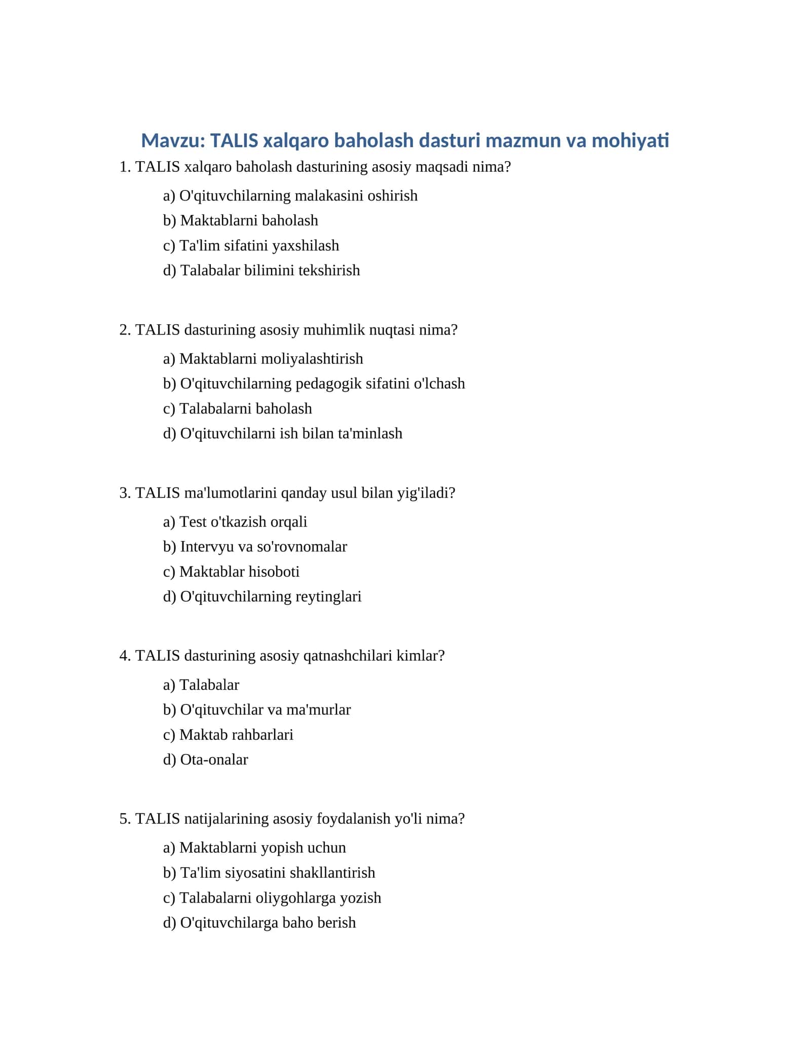 TALIS xalqaro baholash dasturi mazmun va mohiyati