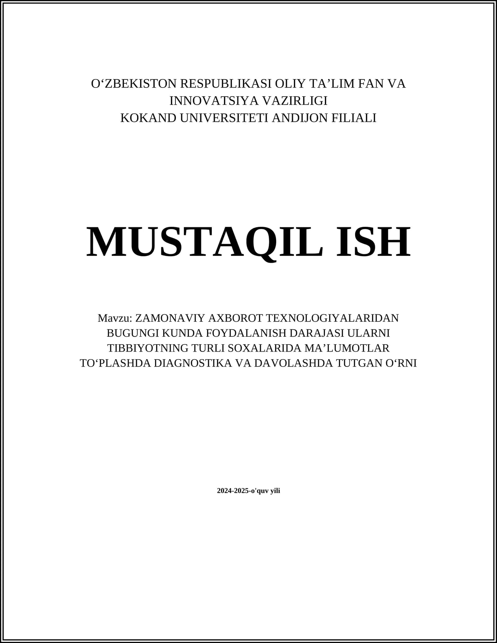 ZAMONAVIY AXBOROT TEXNOLOGIYALARIDAN BUGUNGI KUNDA FOYDALANISH DARAJASI ULARNI TIBBIYOTNING TURLI SOXALARIDA MAʼLUMOTLAR TOʻPLASHDA DIAGNOSTIKA VA DAVOLASHDA TUTGAN OʻRNI