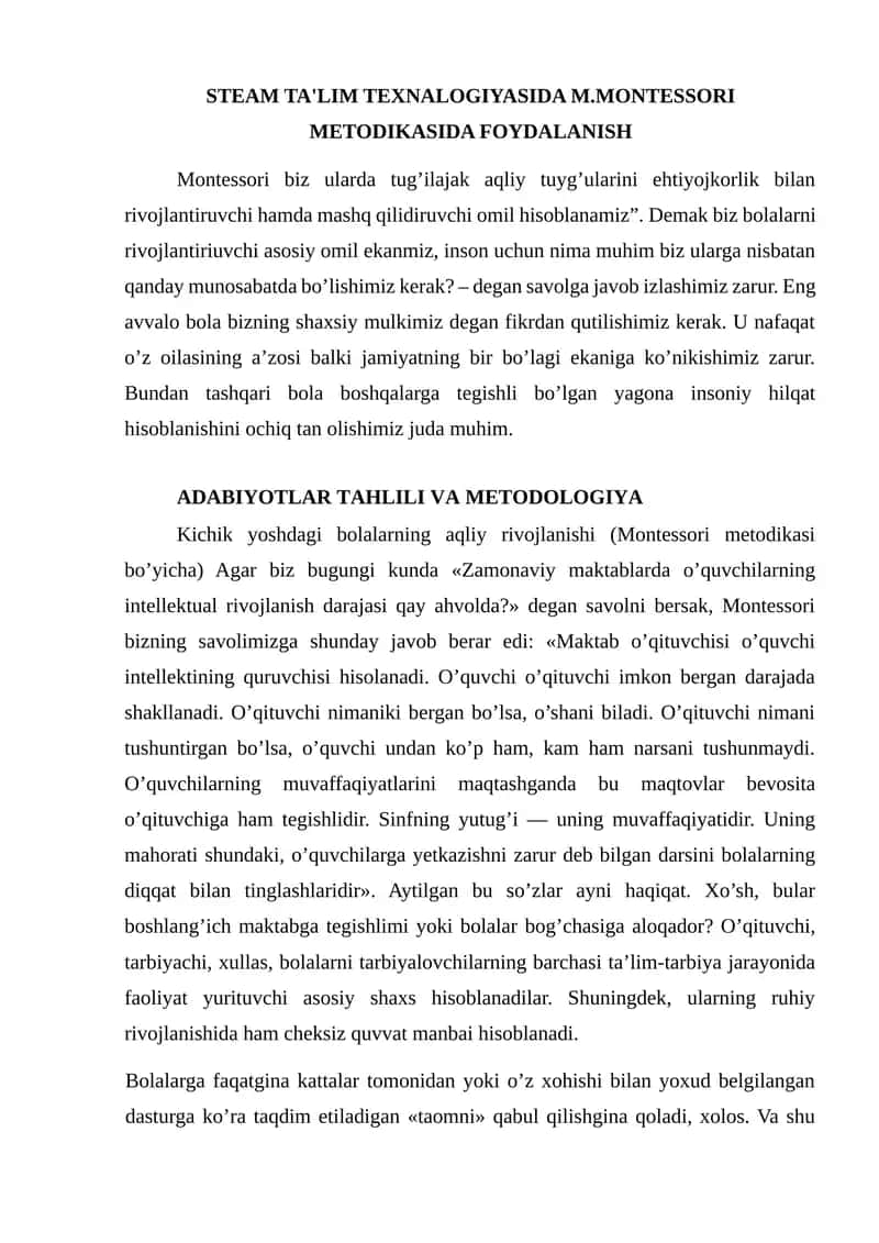 STEAM TA'LIM TEXNALOGIYASIDA M.MONTESSORI METODIKASIDA FOYDALANISH