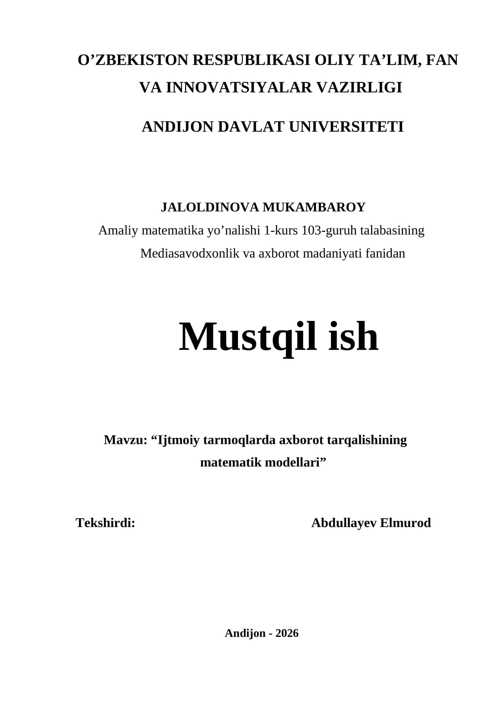 Amaliy matematika yo’nalishi 1-kurs 103-guruh talabasining