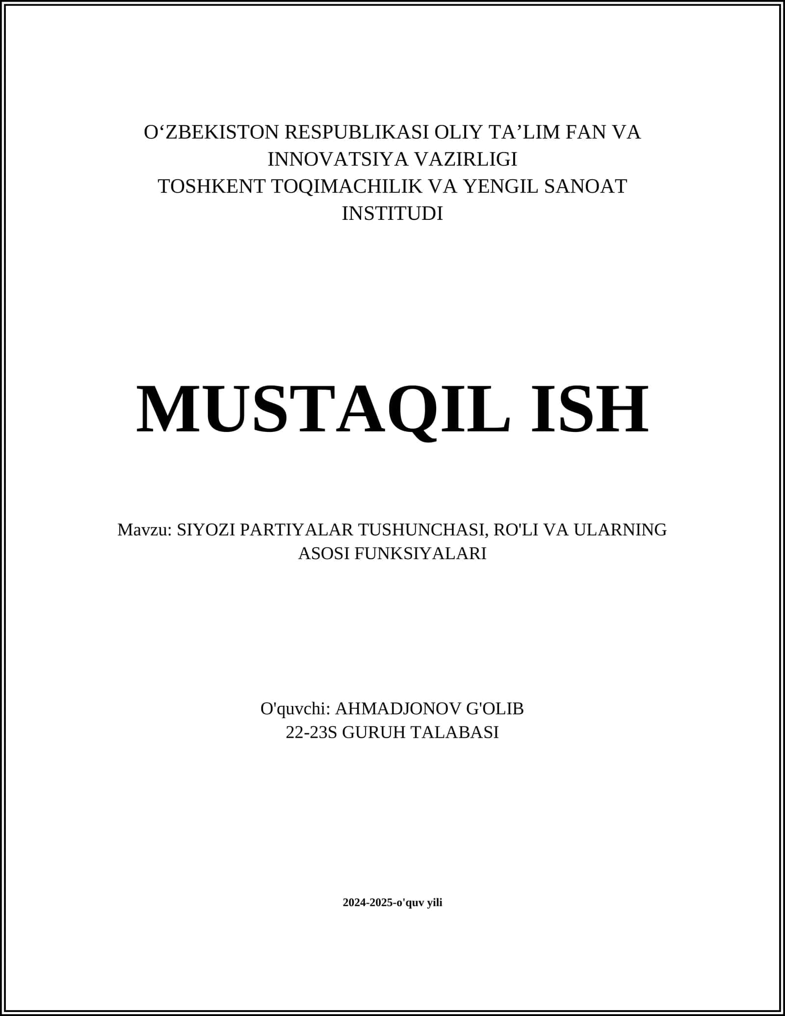 SIYOZI PARTIYALAR TUSHUNCHASI, RO'LI VA ULARNING ASOSI FUNKSIYALARI