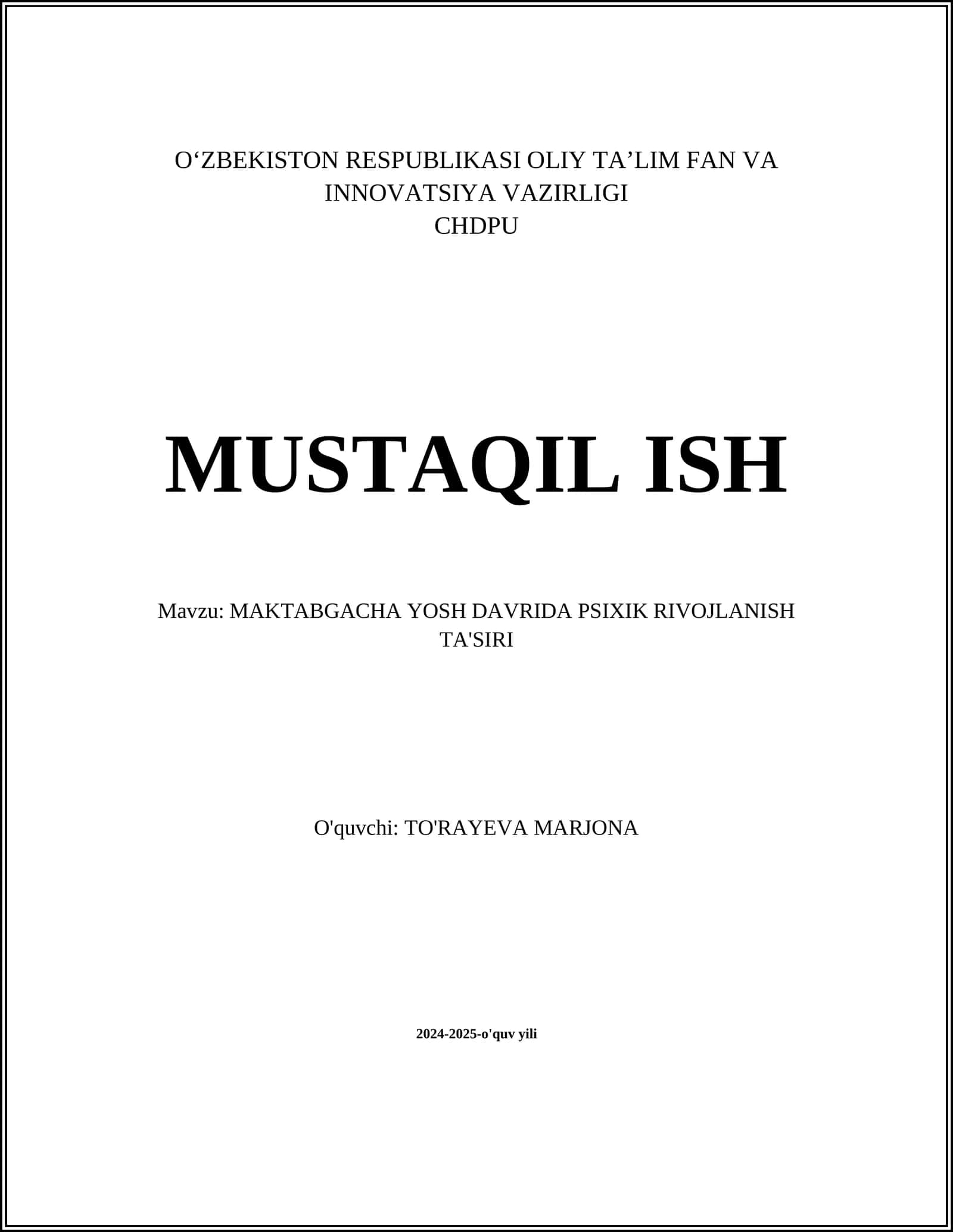 Maktabgacha Yosh Davrida Kognitiv Rivojlanish
