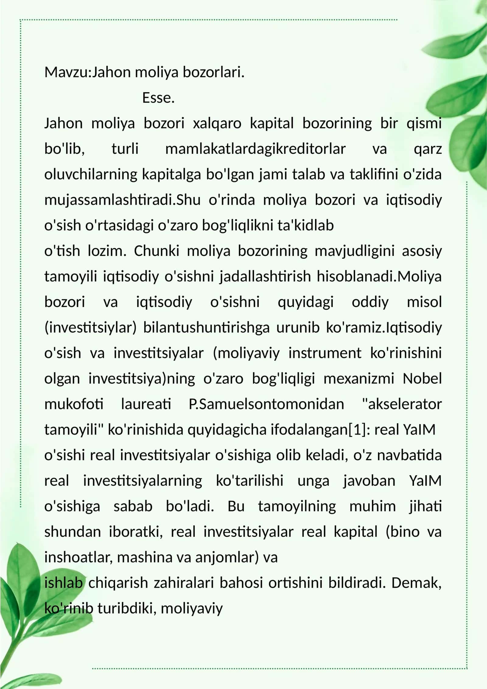 Jahon moliya bozorlari. Esse