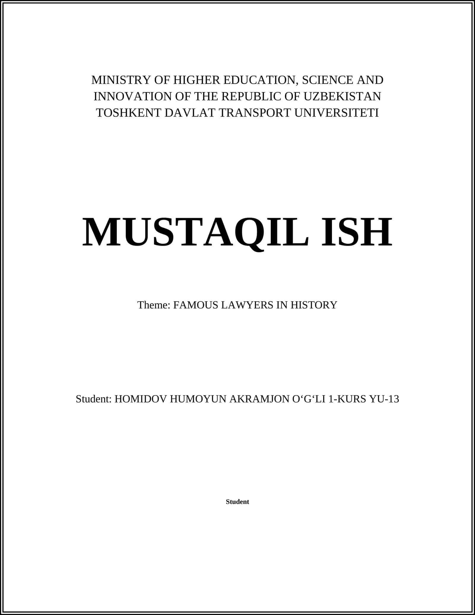 TOSHKENT DAVLAT TRANSPORT UNIVERSITETI MUSTAQIL ISHI