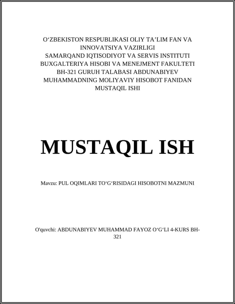 PUL OQIMLARI TOʻGʻRISIDAGI HISOBOT