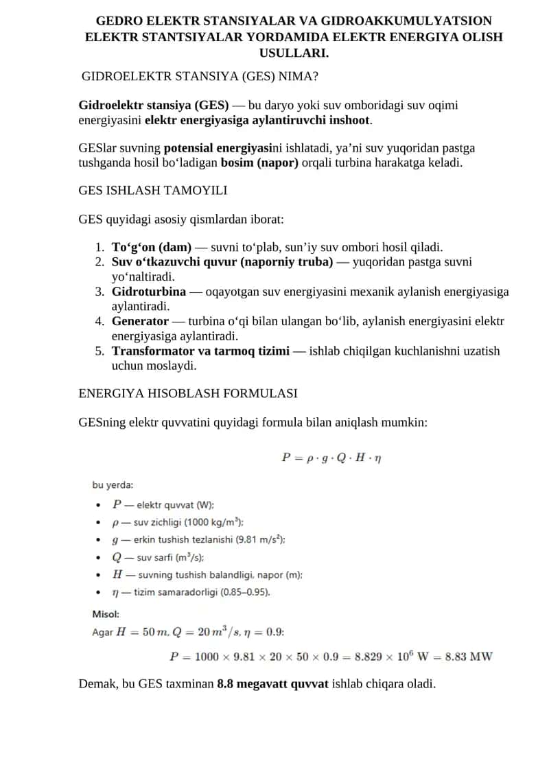 Gidroelektr stansiya (GES)