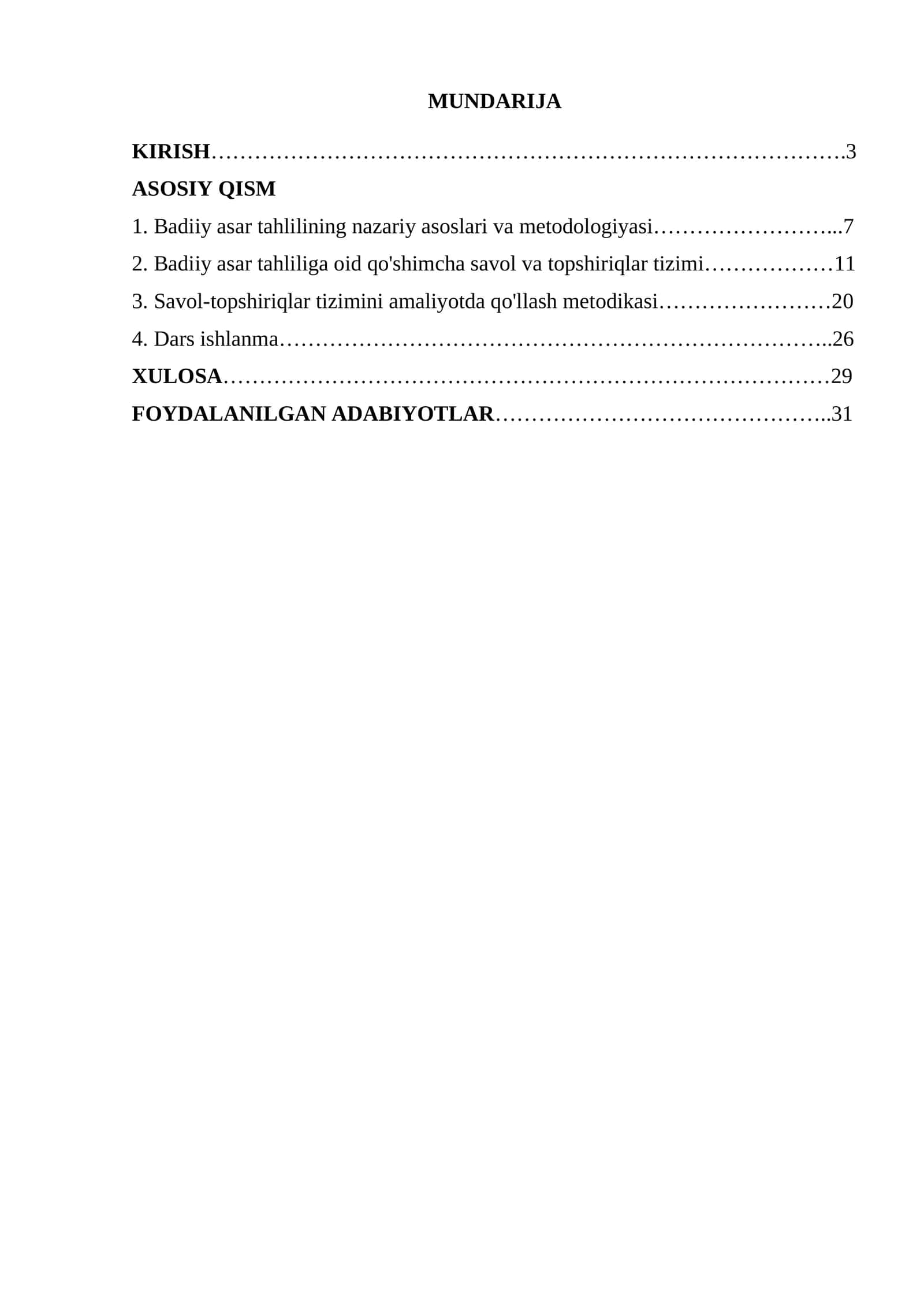 Badiiy asar tahliliga oid qo'shimcha savol va topshiriqlar tizimini ishlab chiqish