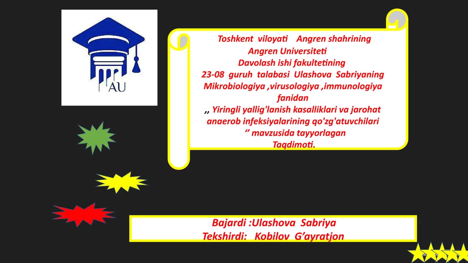 Mikrobiologiya, virusologiya, immunologiya fanidan Yiringli yallig'lanish kasalliklari va anaerob infeksiyalarining qo'zg'atuvchilari