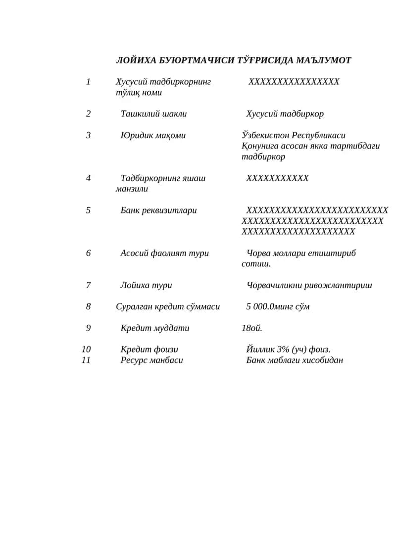Chorvachilik uchun biznes reja