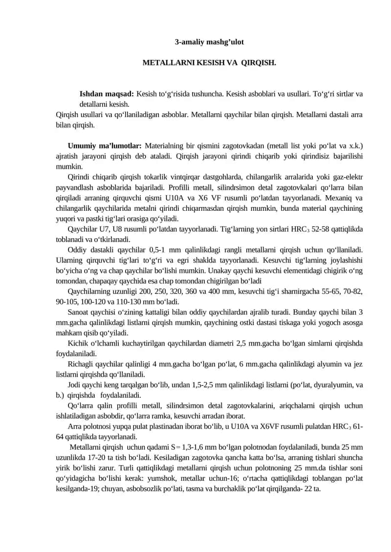 METALLARNI KESISH VA QIRQISH