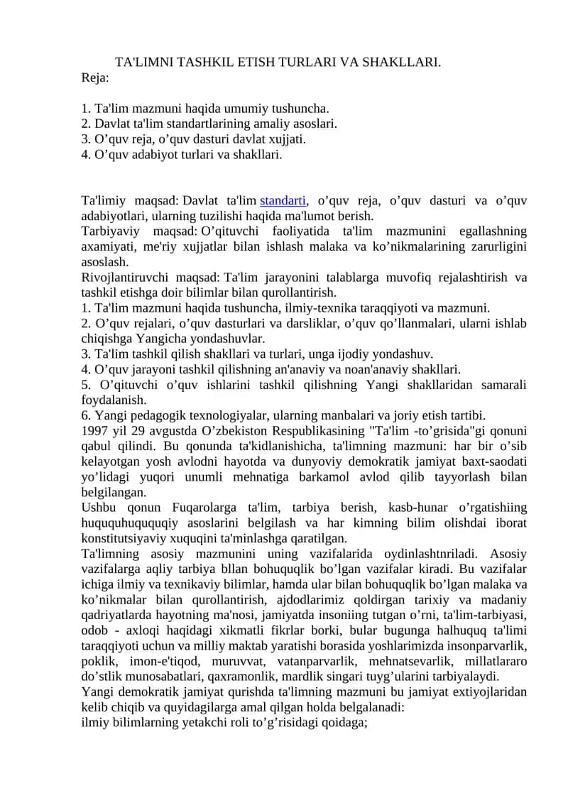 Ta'LIMNI TASHKIL ETISH TURLARI VA SHAKLLARI