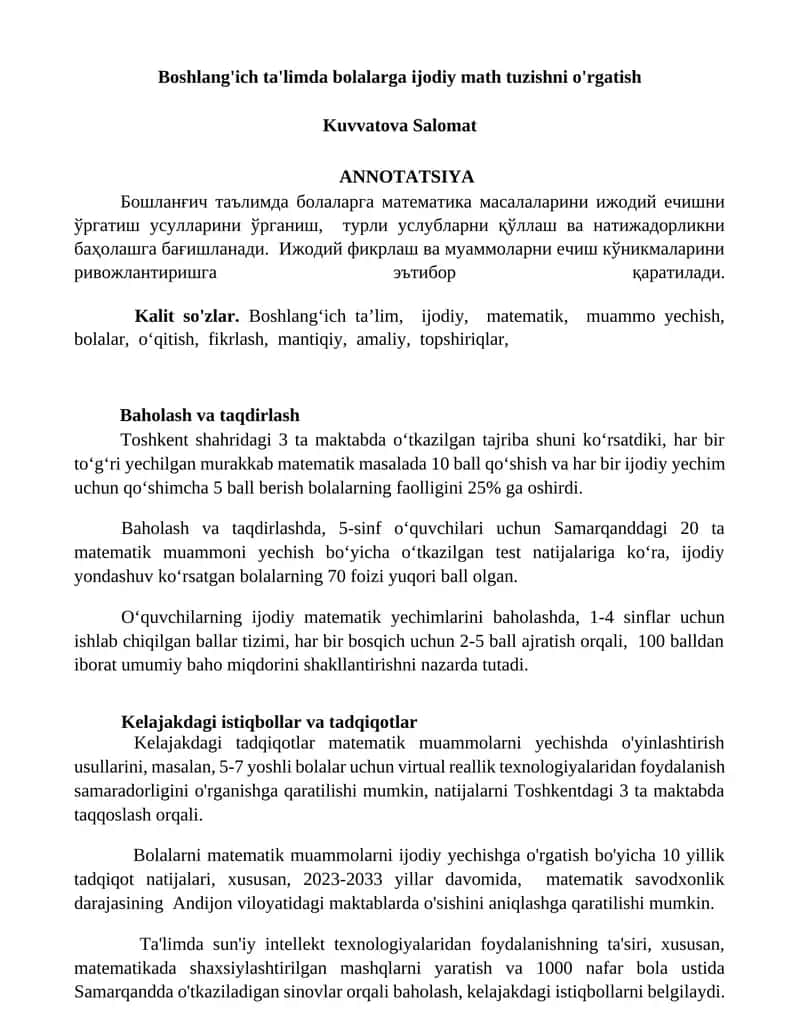 Boshlang'ich ta'limda bolalarga ijodiy math tuzishni o'rgatish