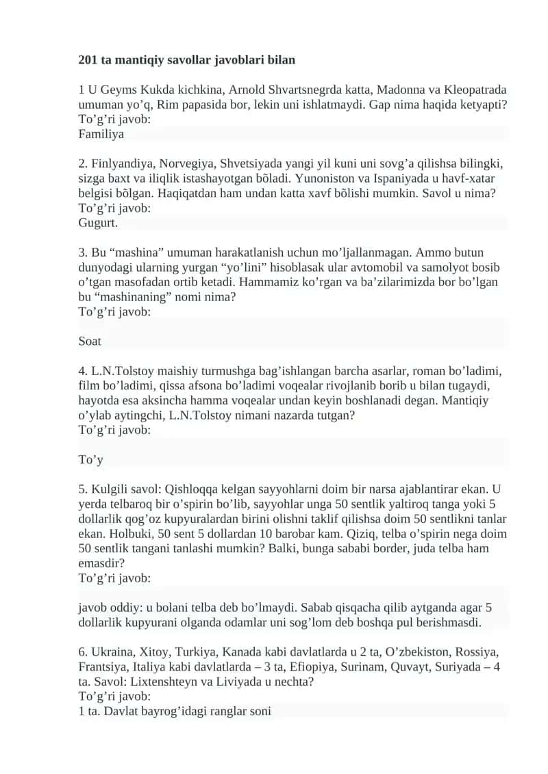 201ta mantiqiy savollar javoblari bilan