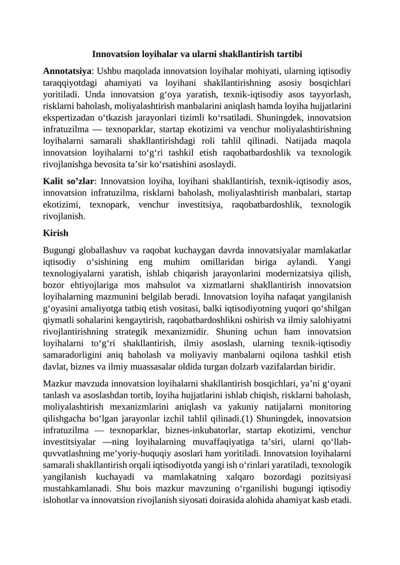 Innovatsion loyihalar va ularni shakllantirish tartibi