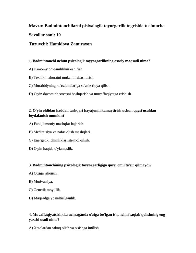 Badmintonchilarni pisixalogik tayorgarlik togrisida tushuncha