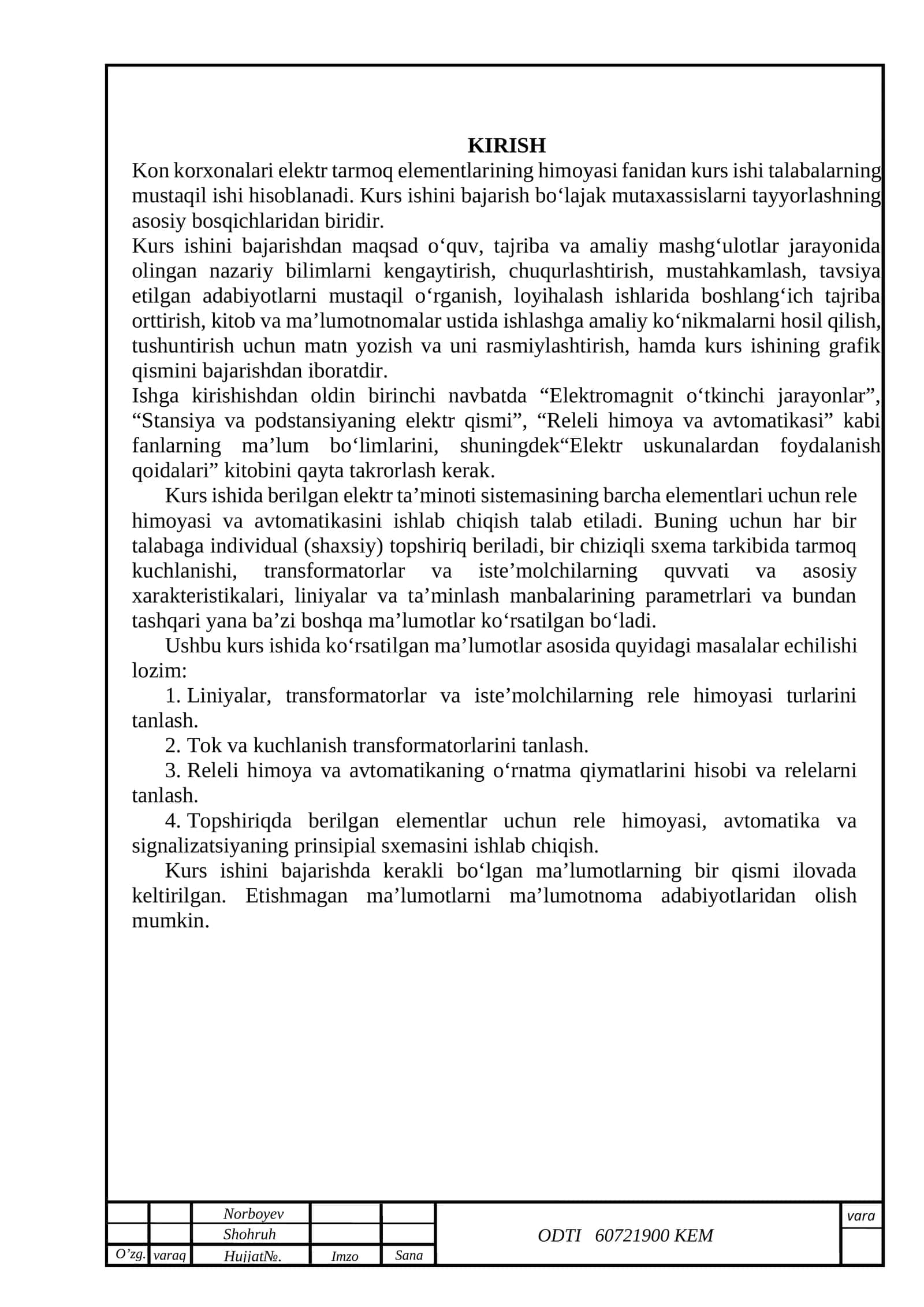 Kon korxonalari elektr tarmoq elementlarining himoyasi fanidan kurs ishi
