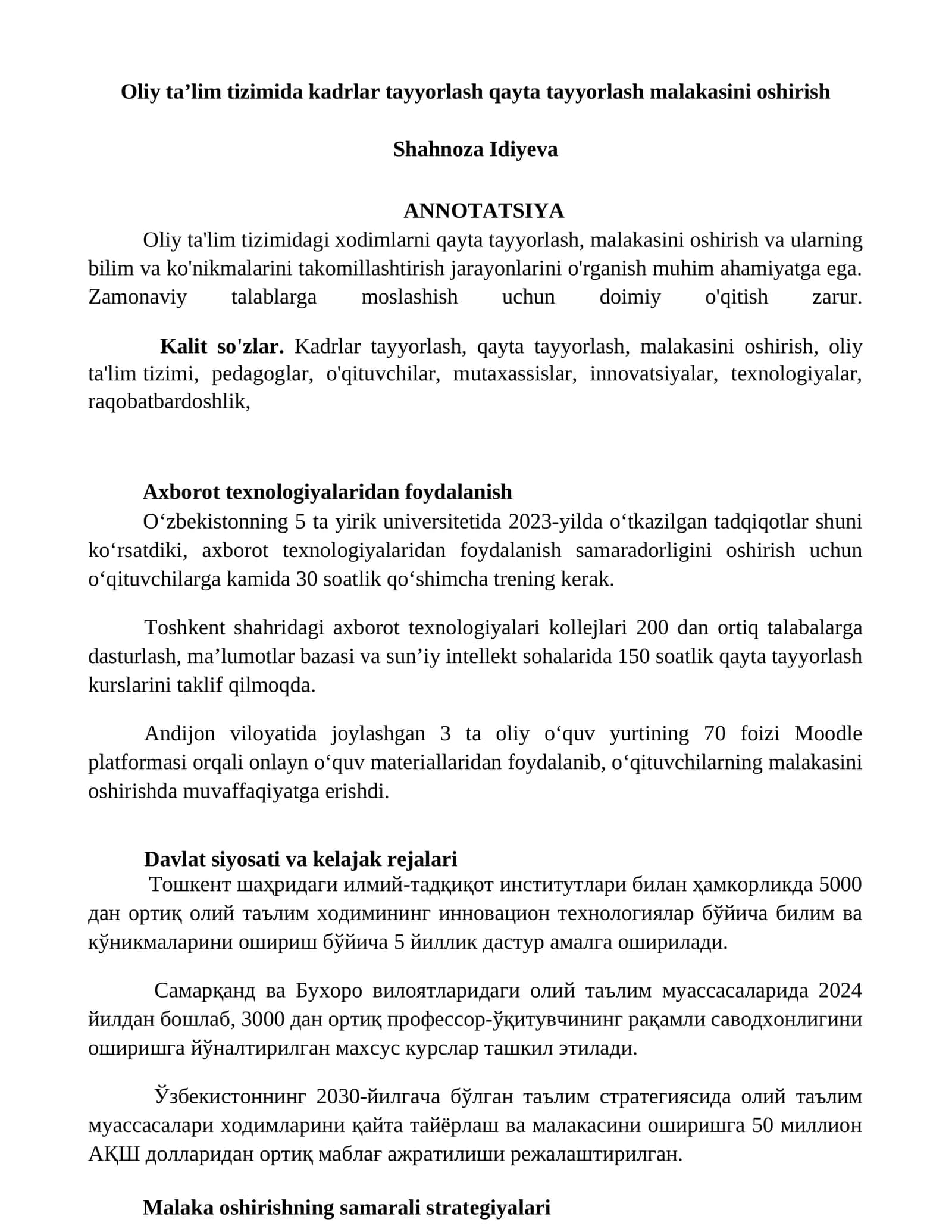 Kadrlar tayyorlash qayta tayyorlash malakasini oshirish
