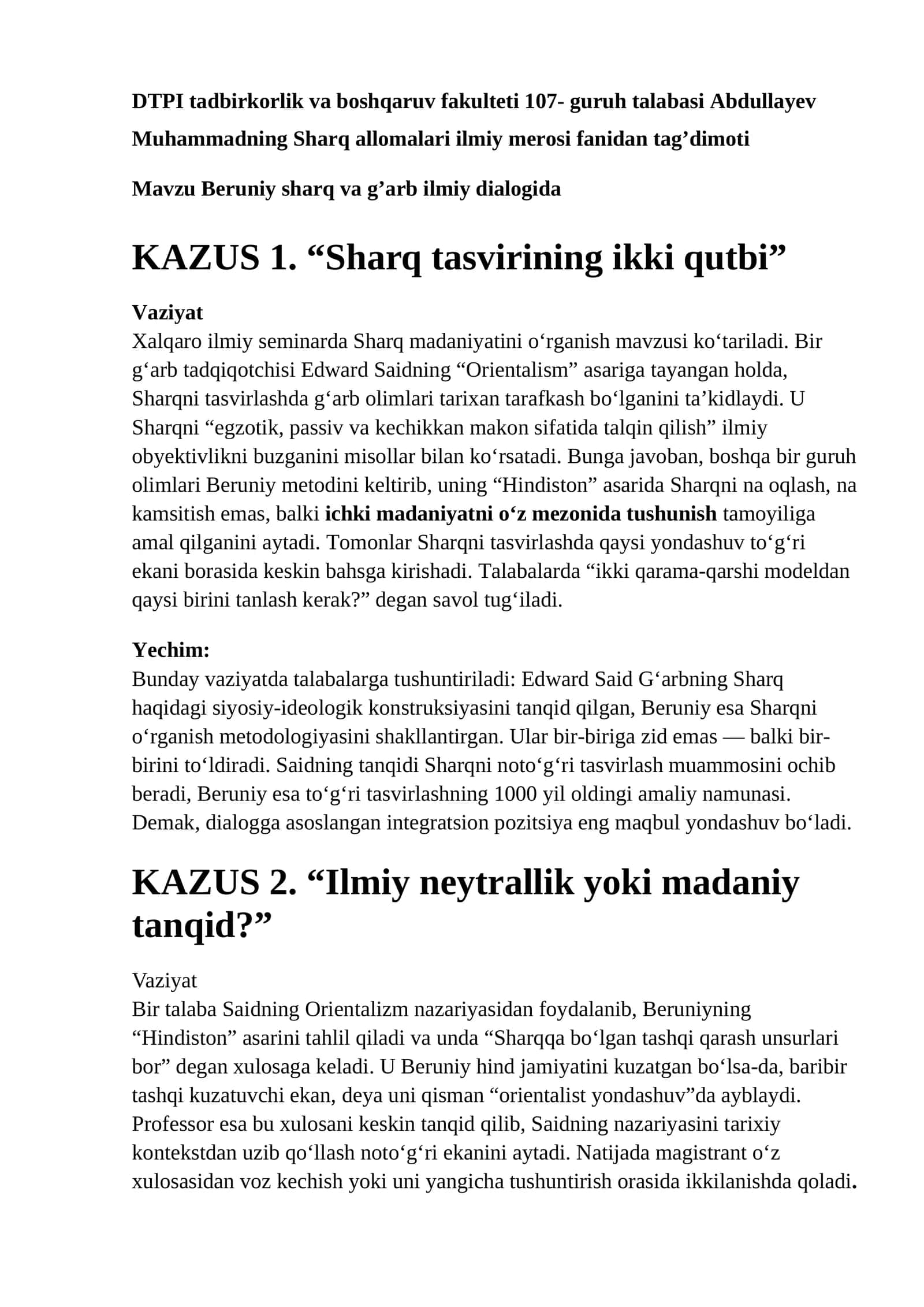 Beruniy sharq va g’arb ilmiy dialogida