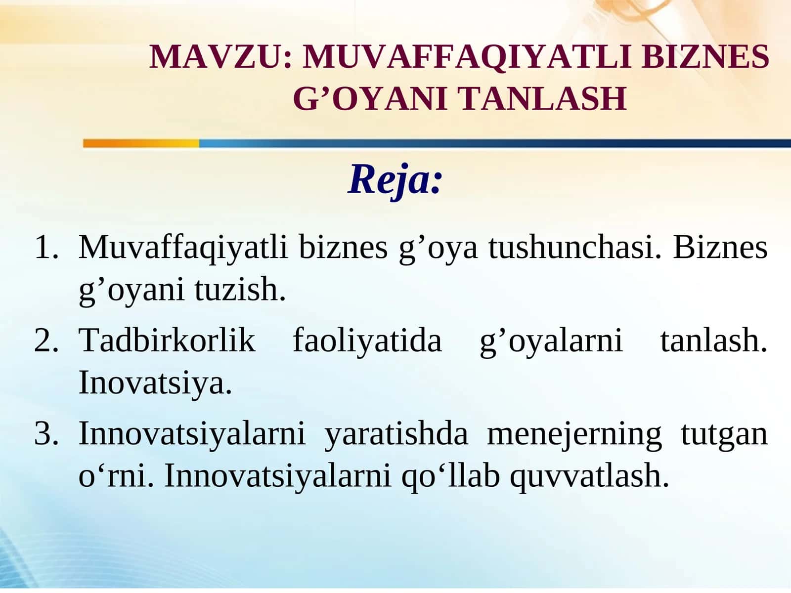 MUVAFFAQIYATLI BIZNES G’OYANI TANLASH