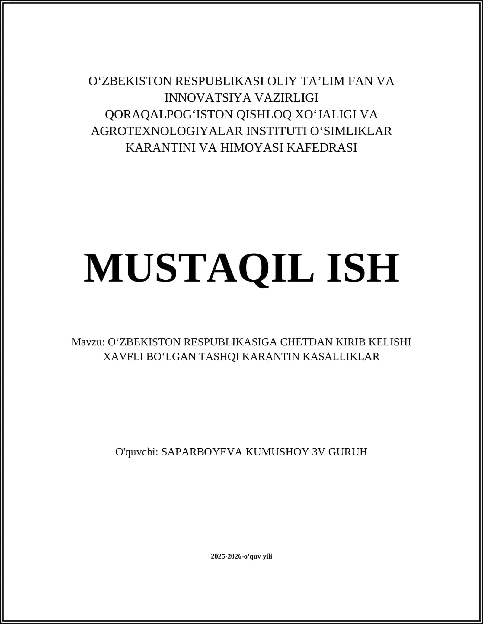 O‘zbekiston Respublikasiga Chetdan Kirib Kelishi Xavfli Bo‘lgan Tashqi Karantin Kasalliklar