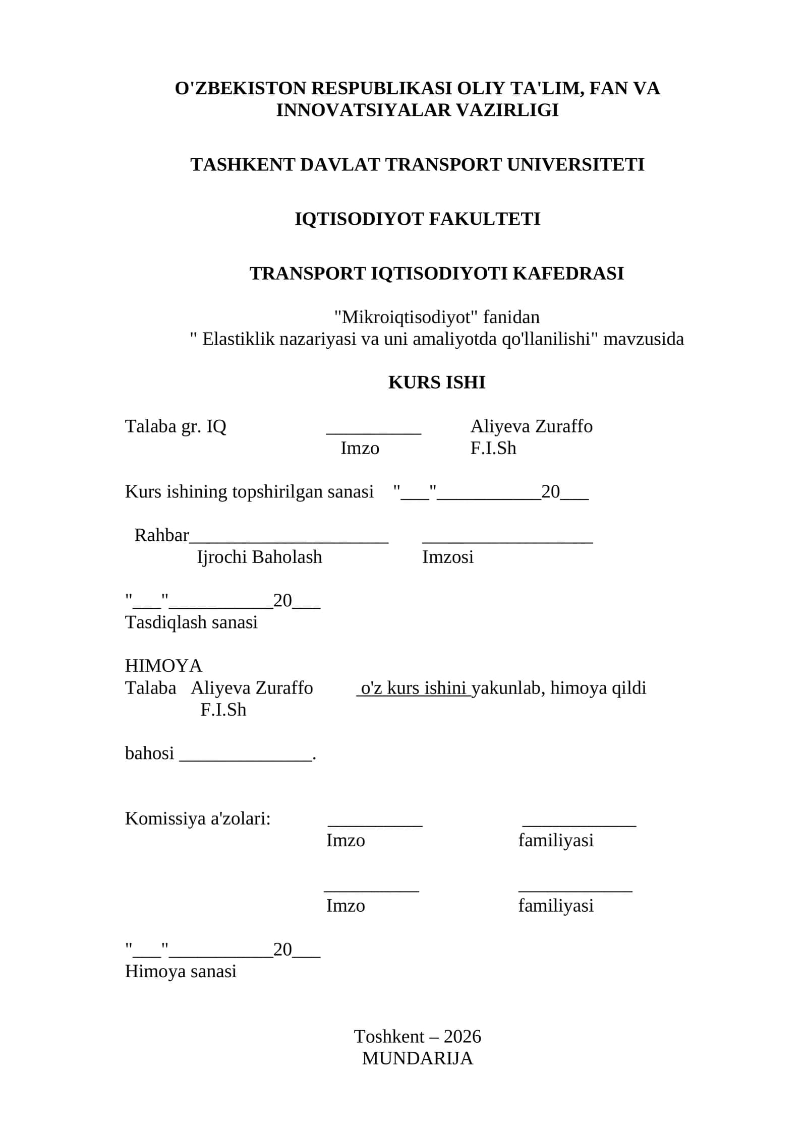 "Mikroiqtisodiyot" fanidan " Elastiklik nazariyasi va uni amaliyotda qo'llanilishi"