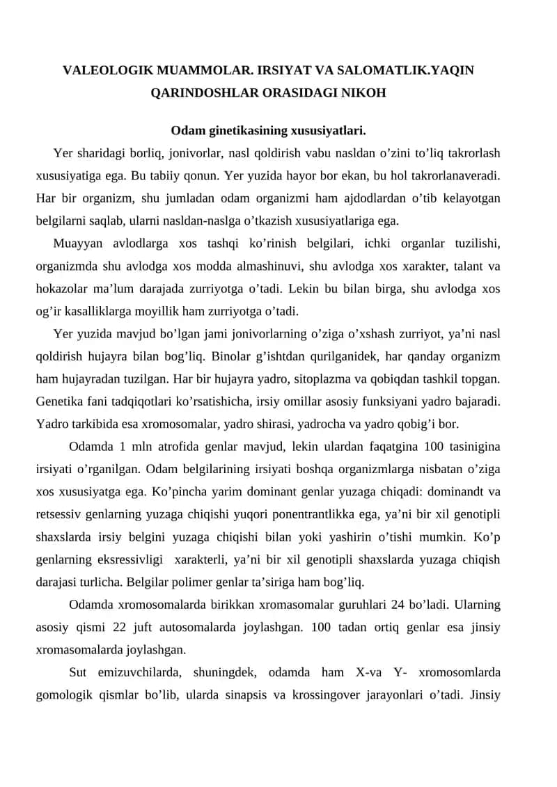 VALEOLOGIK MUAMMOLAR. IRSIYAT VA SALOMATLIK.YAQIN QARINDOSHLAR ORASIDAGI NIKOH