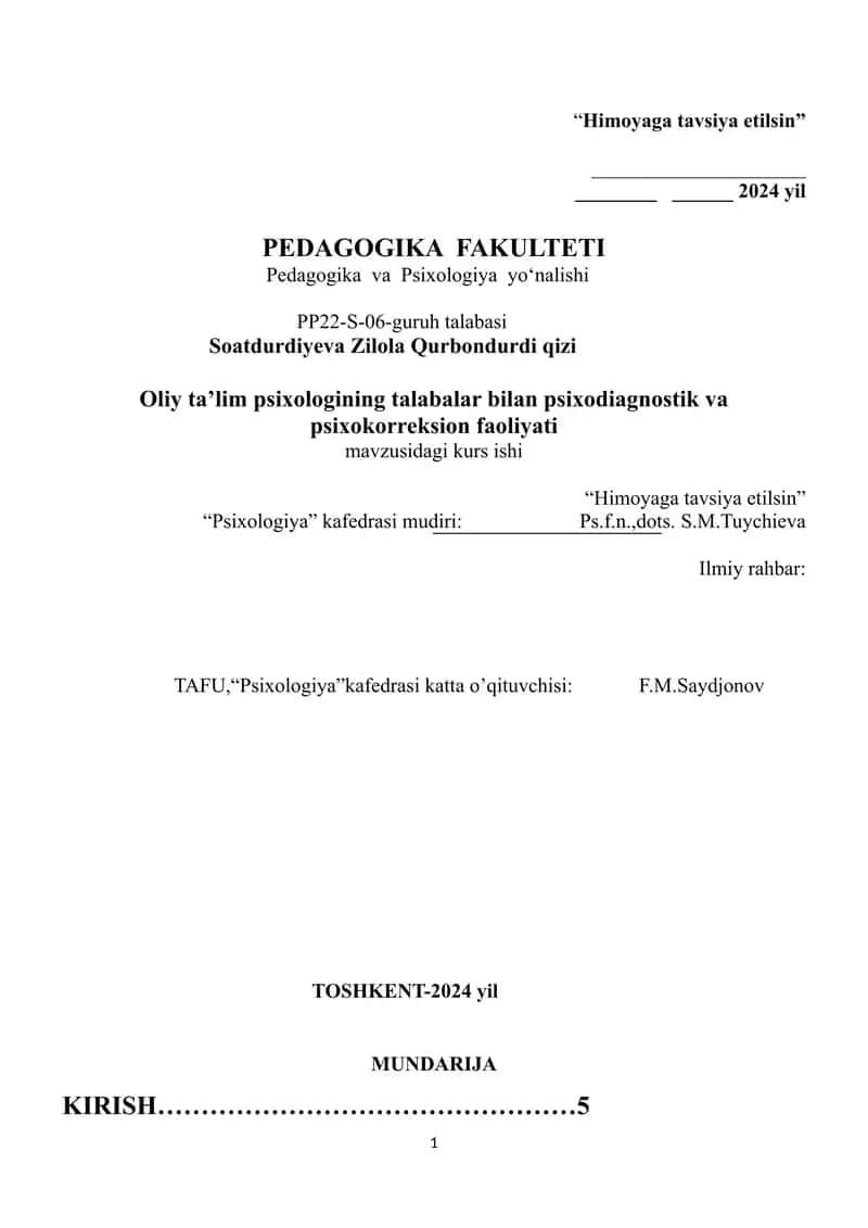 Oliy ta’lim psixologining talabalar bilan psixodiagnostik va psixokorreksion faoliyati