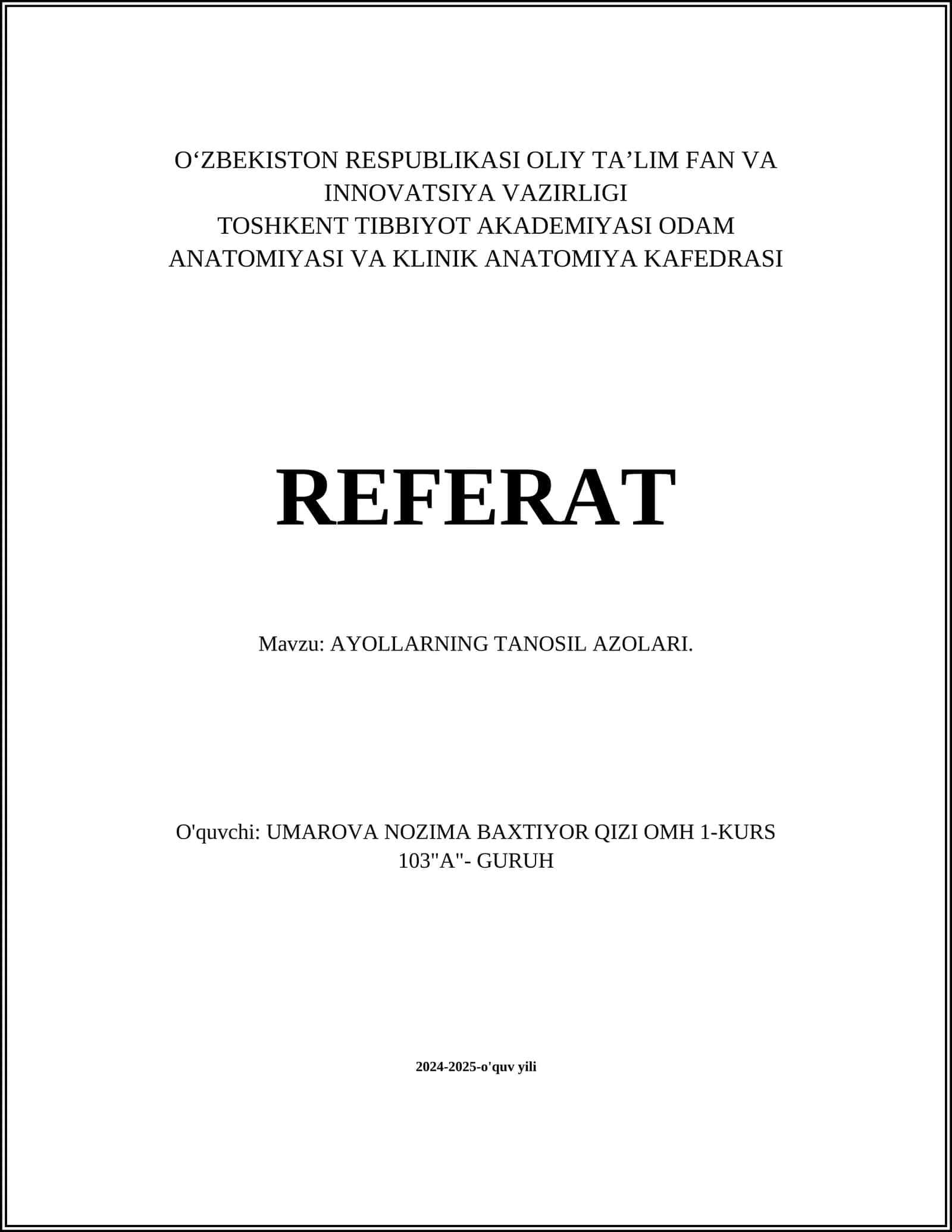 AYOLLARNING TANOSIL AZOLARI