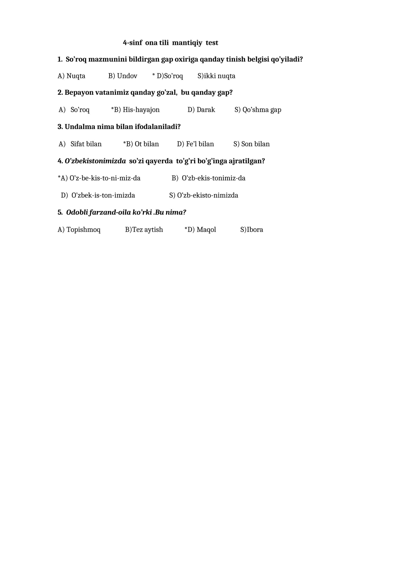 4-sinf ona tili mantiqiy test