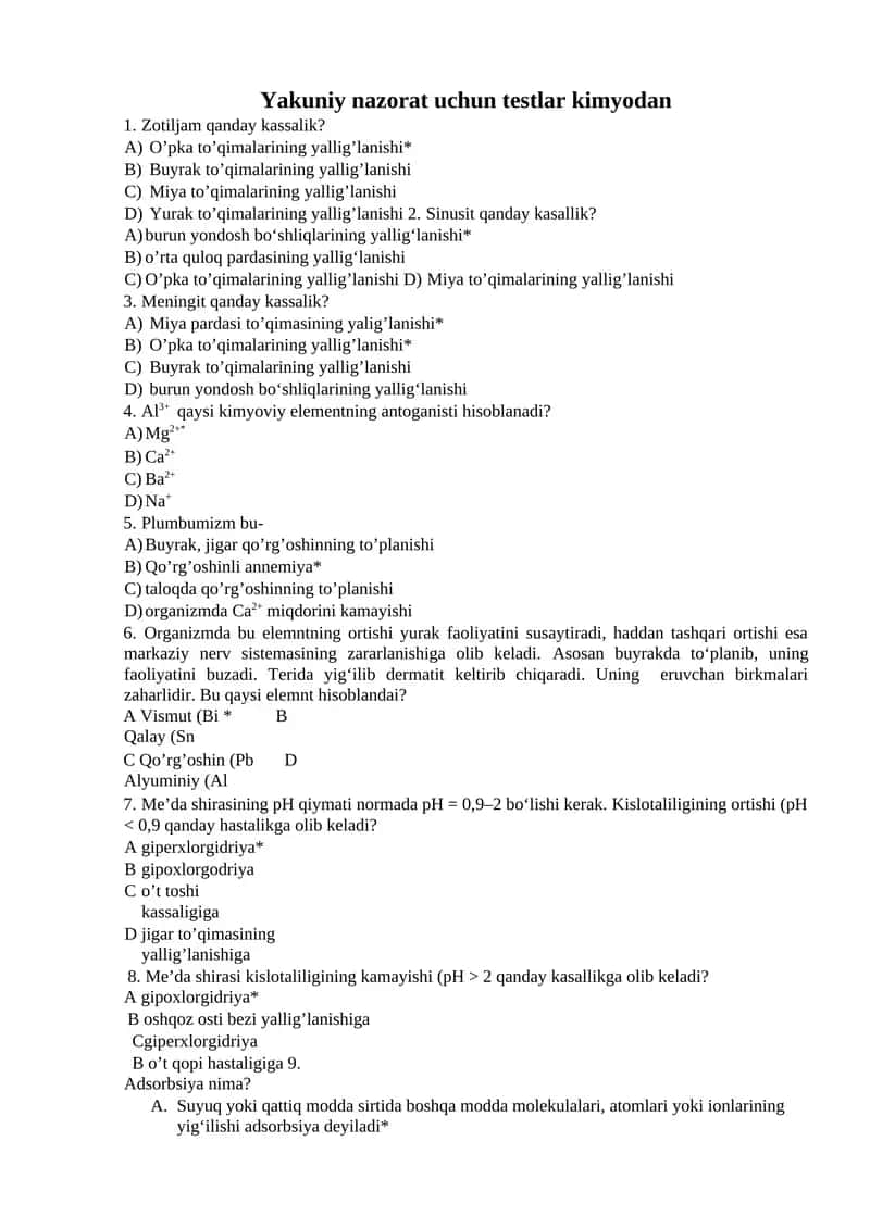 Yakuniy nazorat uchun testlar kimyodan