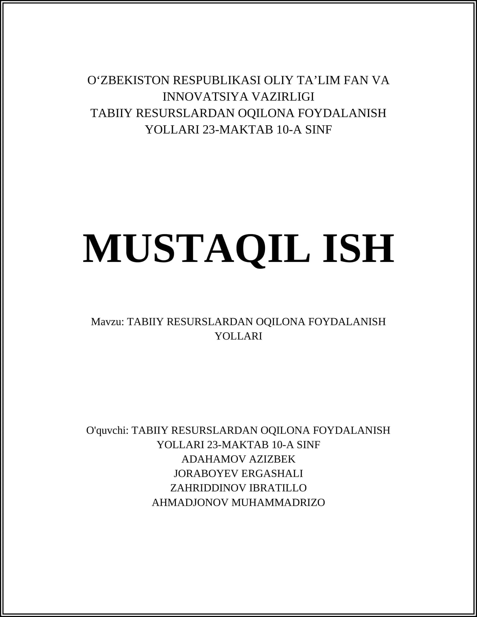 O‘ZBEKISTON RESPUBLIKASI OLIY TA’LIM FAN VA INNOVATSIYA VAZIRLIGI