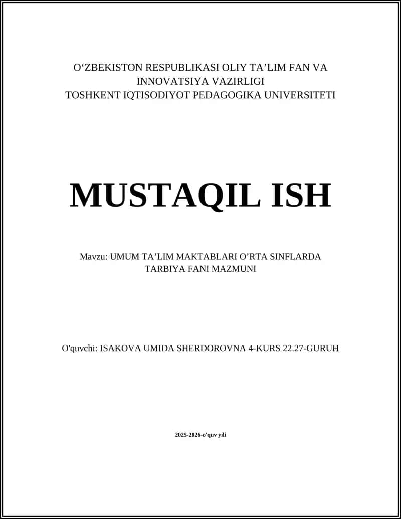 UMUM TA’LIM MAKTABLARI O’RTA SINFLARDA TARBIYA FANI MAZMUNI
