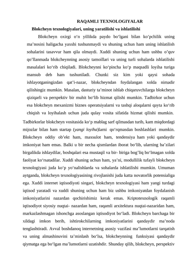 Blokcheyn texnologiyalari, uning yaratilishi va ishlatilishi