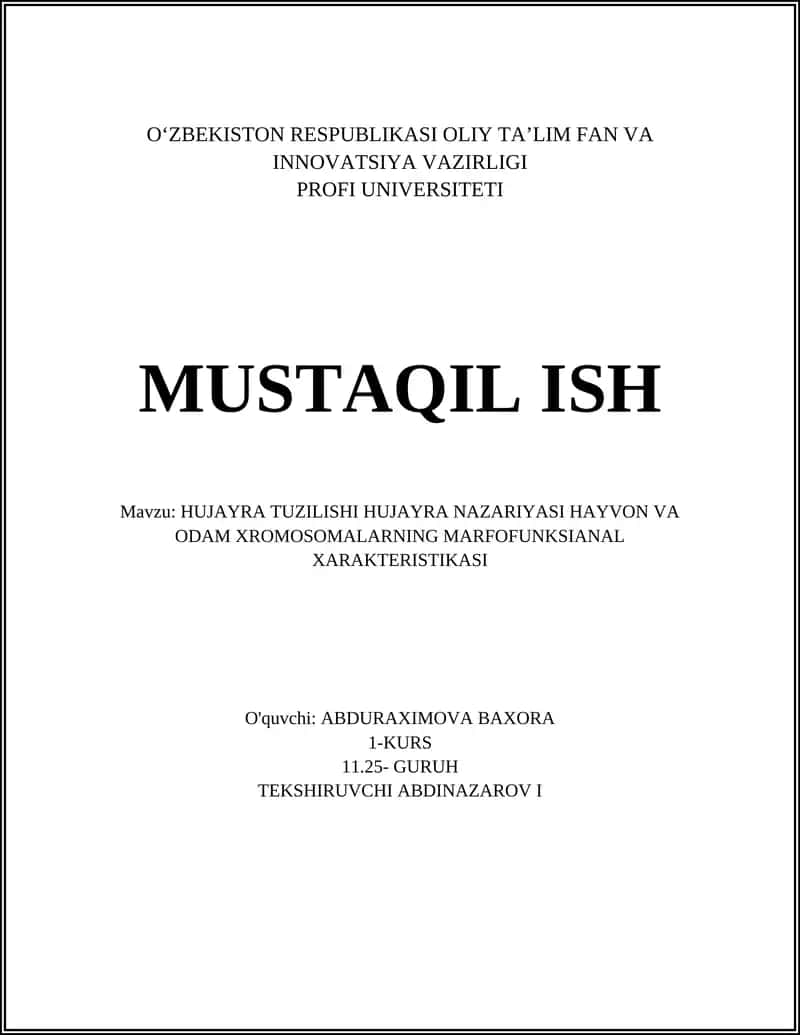 HUJAYRA TUZILISHI HUJAYRA NAZARIYASI HAYVON VA ODAM XROMOSOMALARNING MARFOFUNKSIANAL XARAKTERISTIKASI
