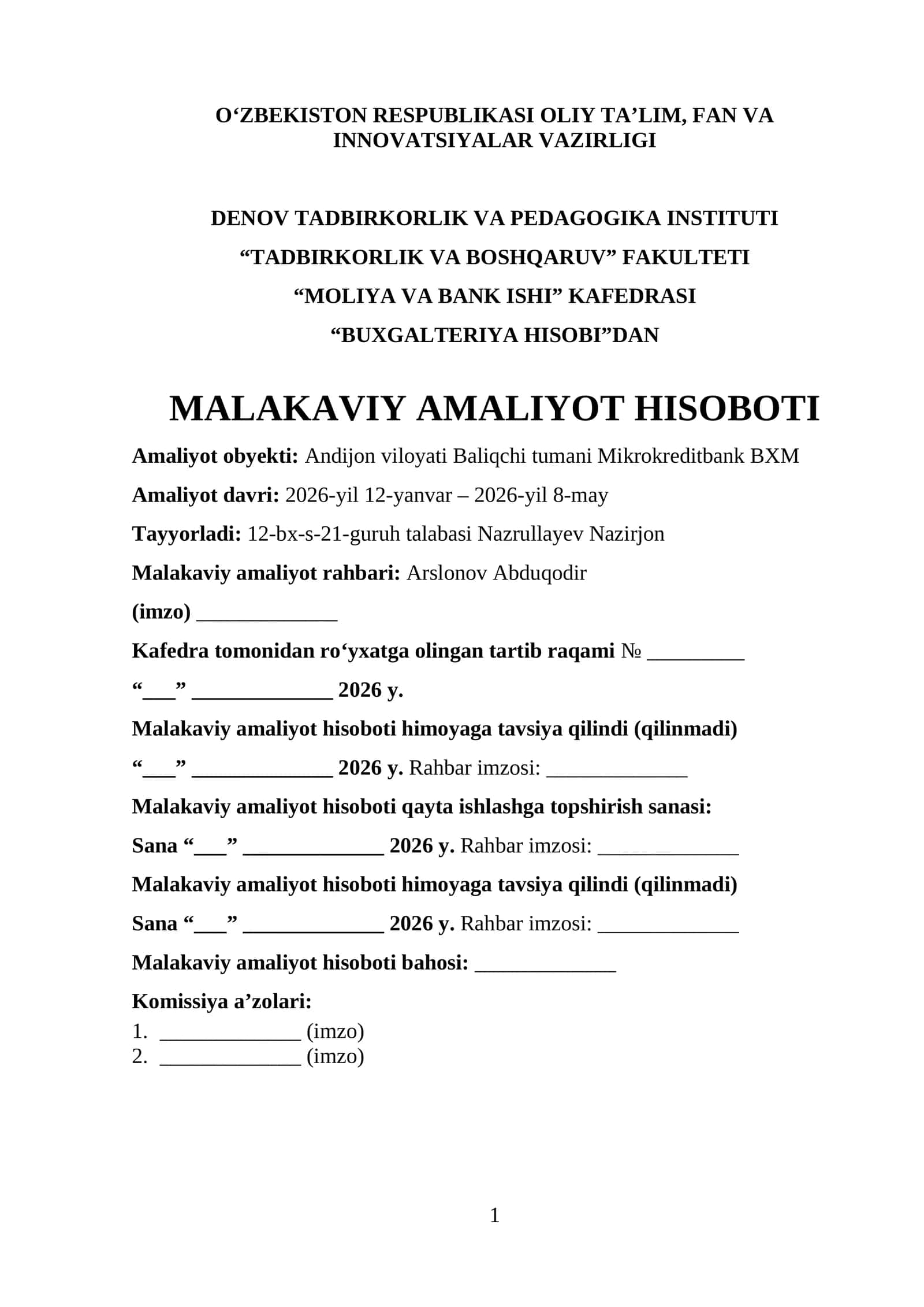 Andijon viloyati Baliqchi tumani Mikrokreditbank BXM. MALAKAVIY AMALIYOT HISOBOTI