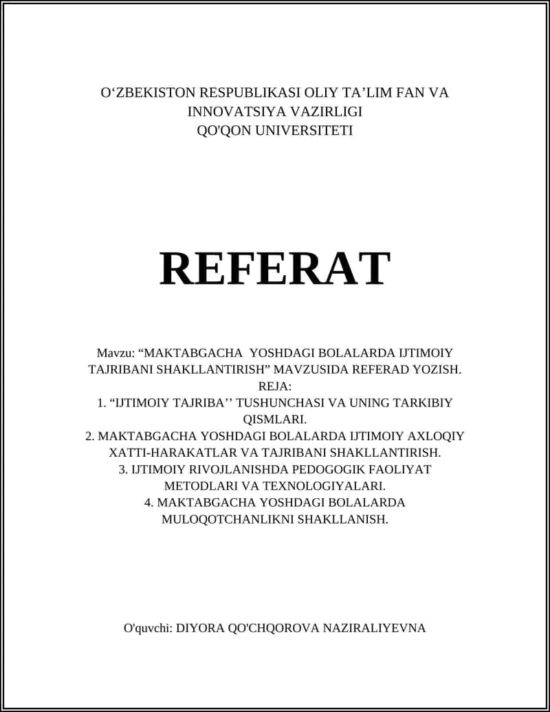 Ijtimoiy Tajriba Shakllantirish Referat