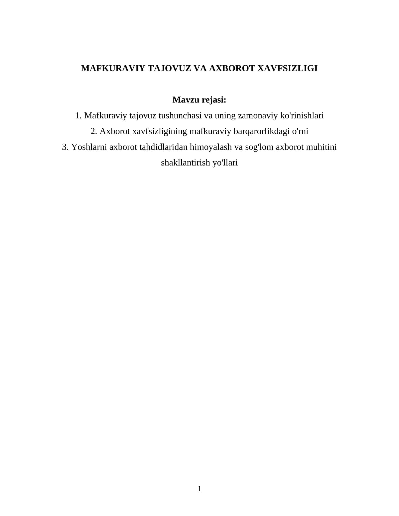 MAFKURAVIY TAJOVUZ VA AXBOROT XAVFSIZLIGI