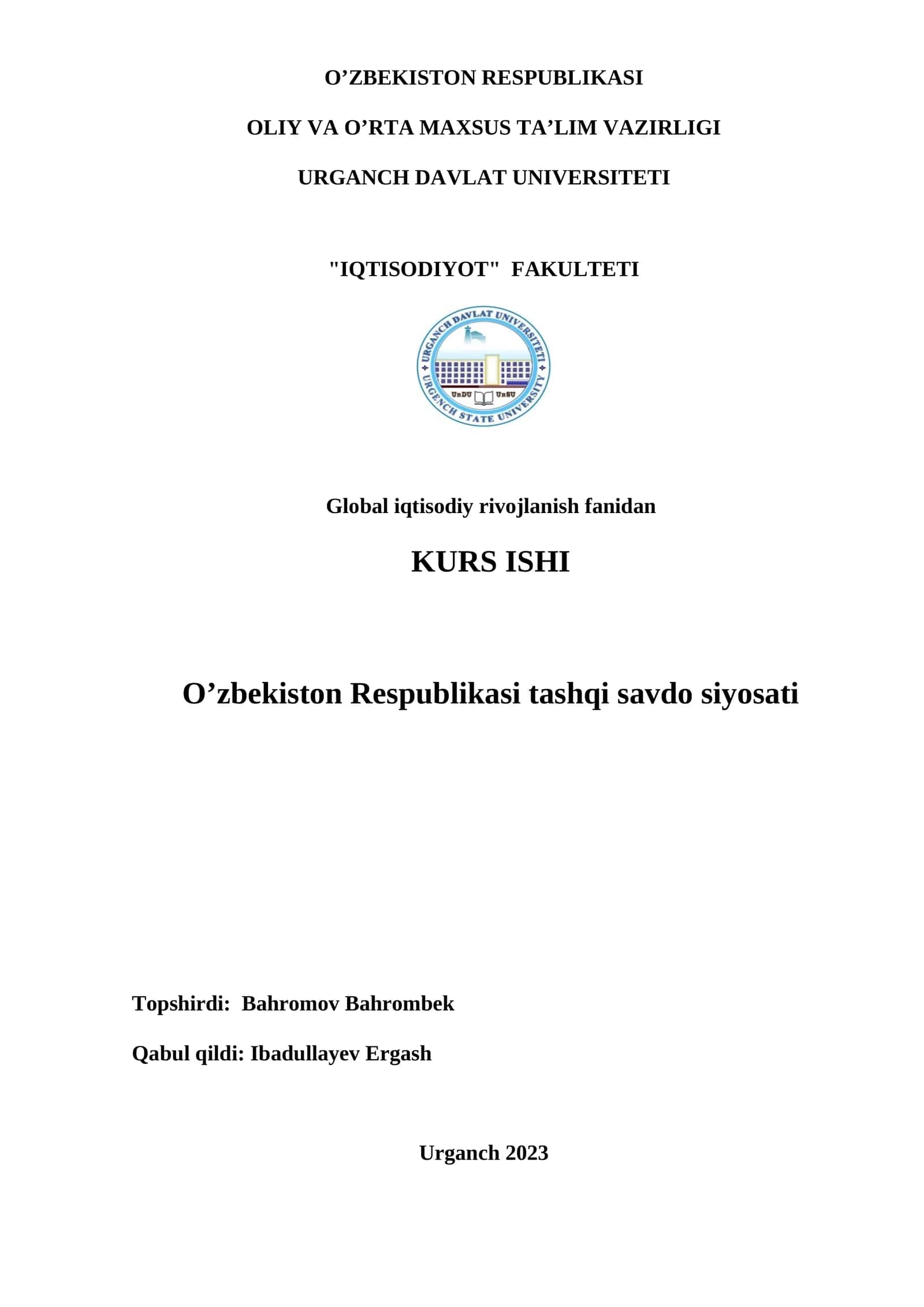 Global iqtisodiy rivojlanish fаnidаn KURS ISHI
