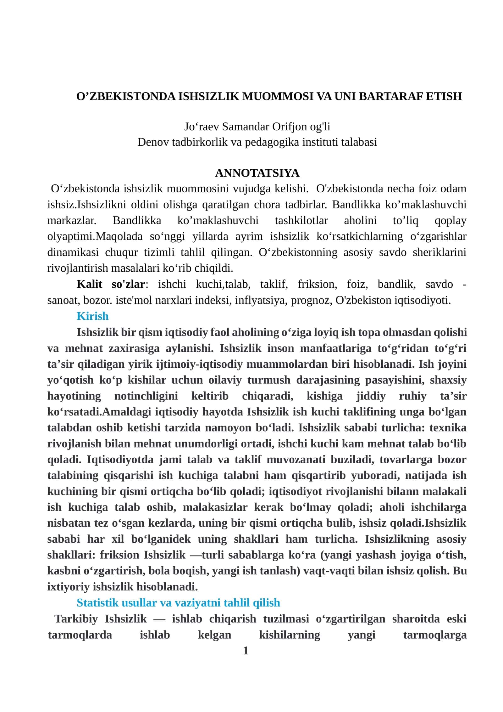 O’ZBEKISTONDA ISHSIZLIK MUOMMOSI VA UNI BARTARAF ETISH