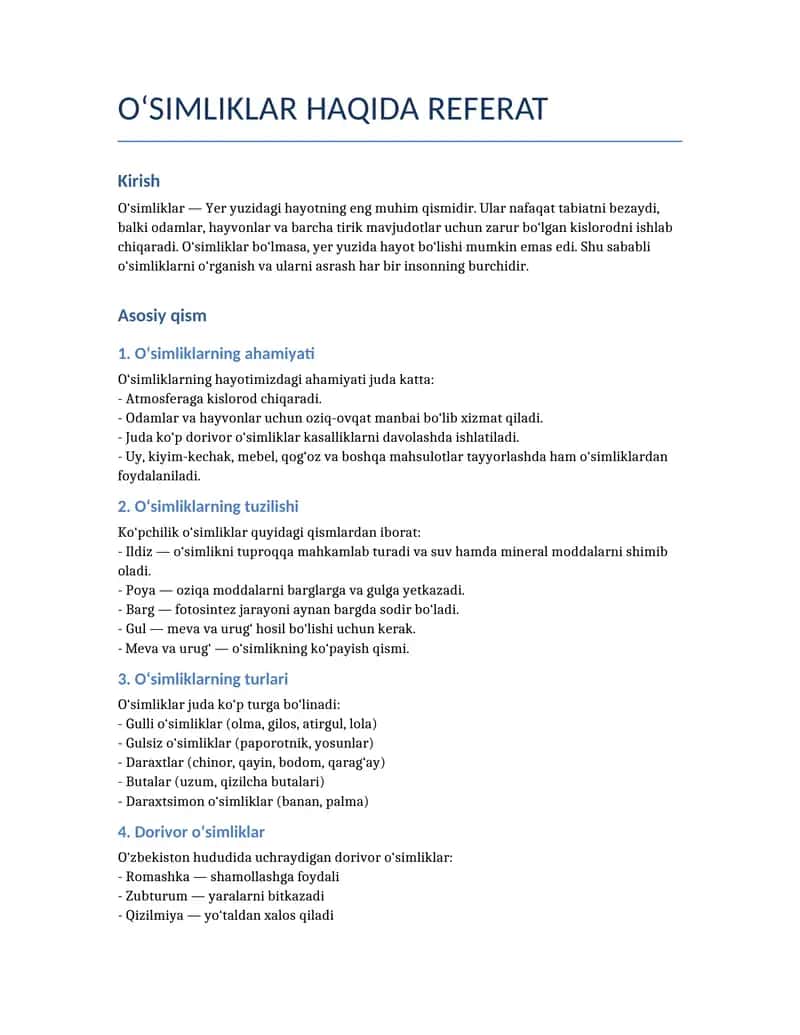 O'simliklar haqida referat
