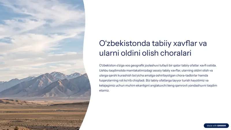 O‘zbekistonda bo‘lishi mumkin bo‘lgan tabiiy xavflar va ularda muhofaza tadbirlari.