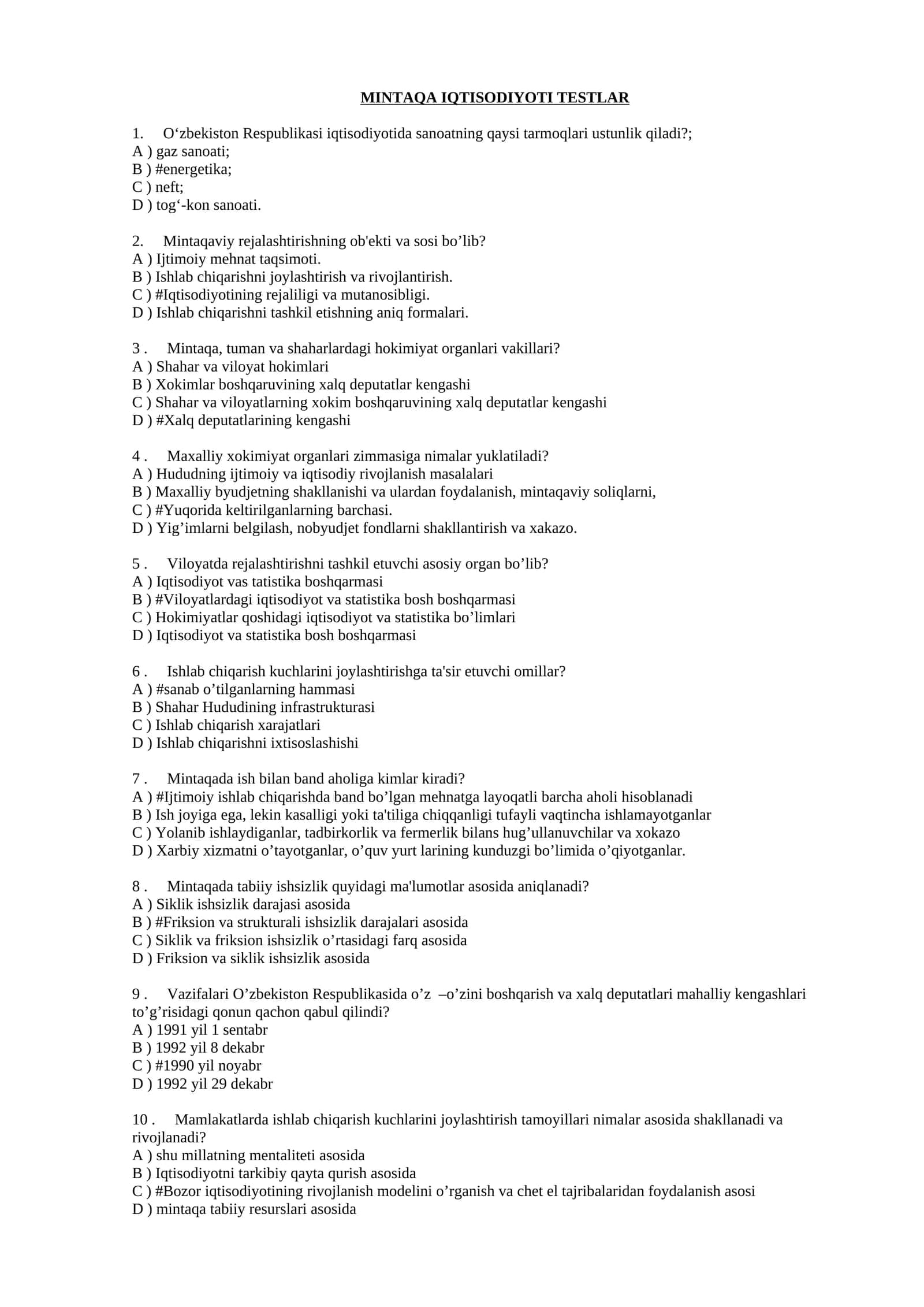 MINTAQA IQTISODIYOTI TESTLAR