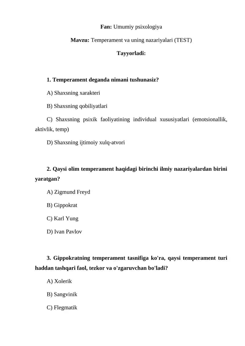 Temperament va uning nazariyalari (TEST)