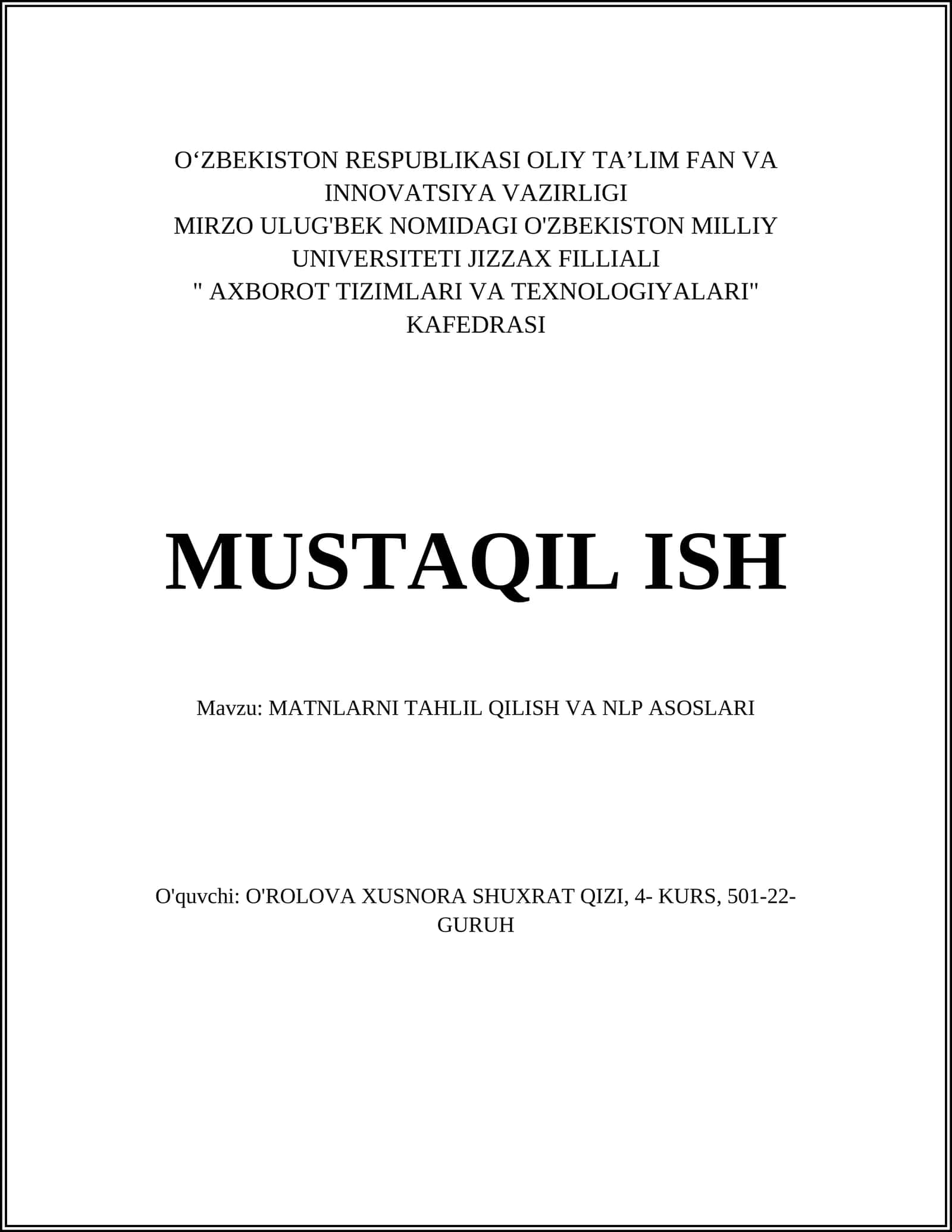 MATNLARNI TAHLIL QILISH VA NLP ASOSLARI