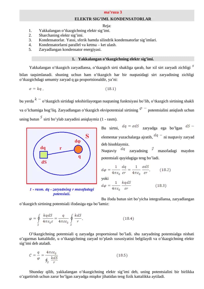 Elektr sig’imi. Kondensatorlar